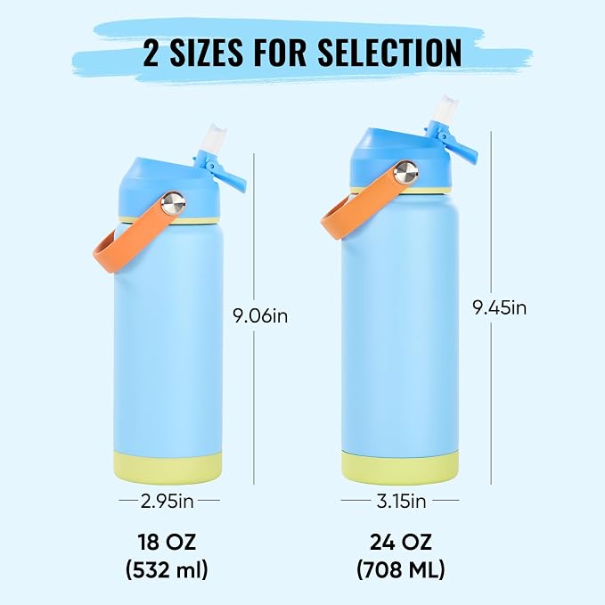 Fijinhom 18oz Insulated Stainless Steel Water Bottle, Wide Mouth Double Wall Vacuum, Silicone Straw, Sweat & Leak Proof, BPA Free Insulated Water Flask for Travel, Keep Cold 24h Hot 12h, Cerulean