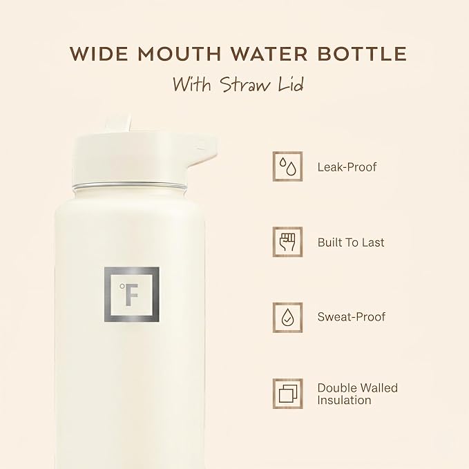 IRON °FLASK 40 oz Wide Mouth Water Bottle with Straw | Insulated Stainless Steel Sports Water Bottle with Leakproof Straw Lid - BPA Free, Cold 24 Hrs, Sweat Free (Cashmere Cream)