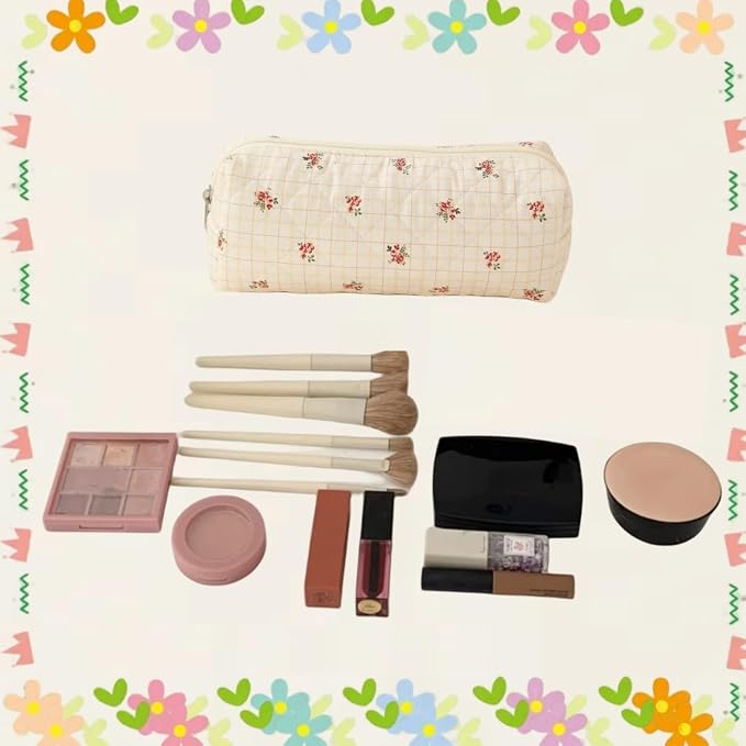 Cute Mini Quilted Makeup Bag for Women Travel Cosmetic Bags Lightweight Coquette Aesthetic Floral Toiletry Organizer Case (Floral#06)