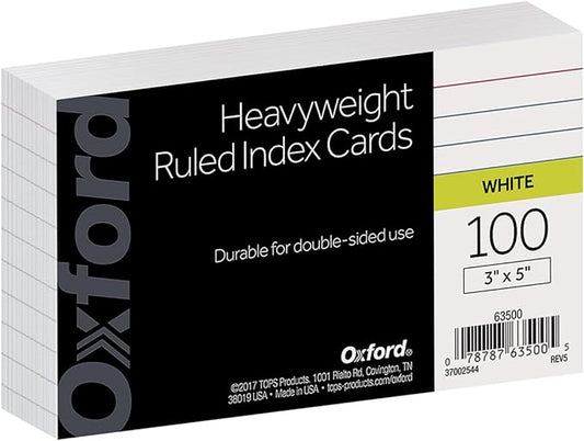 Oxford Heavyweight Ruled Index Cards, 3" x 5", White, 100 Per Pack (63500)
