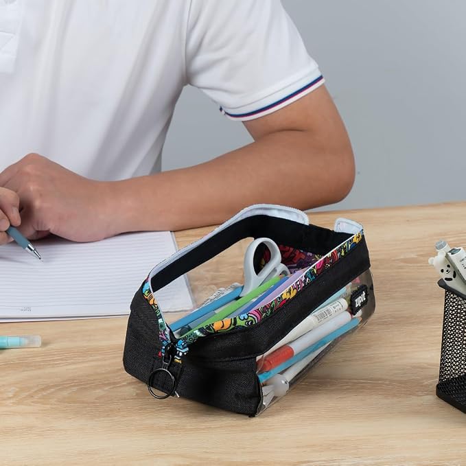 ZIPIT Lenny Clear Pencil Case, Wide-Opening Zipper Pouch for Girls and Boys | Aesthetic pouch for school, machine washable, colorful lining, holds 55 pens & pencils, doubles as a makeup case for travel