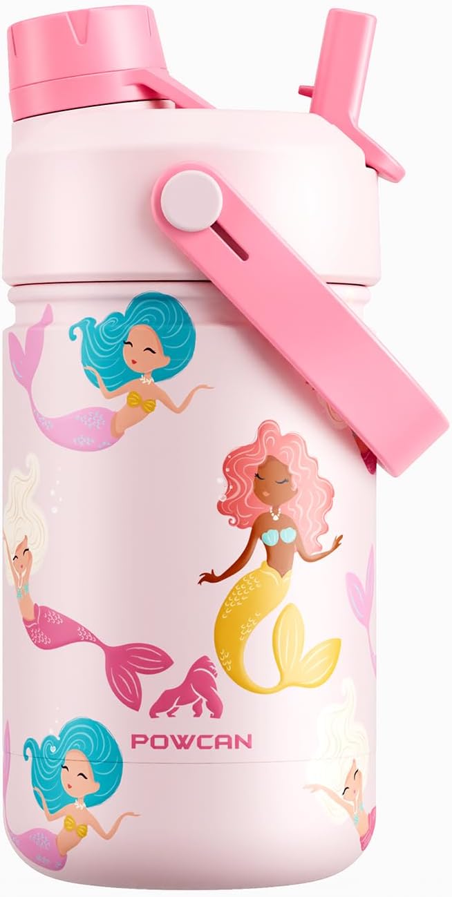 12 oz Kids Insulated Water Bottle for School: 2-in-1 Straw Spout Lid, Leakproof, Keep Cold 24H, Reusable Stainless Steel Water Bottle with Straw, Birthday Gift for Girls Daughters (Mermaid Friends)