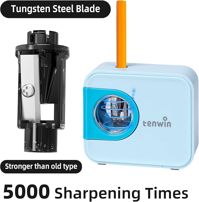 tenwin Portable Electric Pencil Sharpener, Pencil Sharpeners Battery Operated, Tungsten Steel Blade to Fast Sharpen, Kids Pocket Sharpener, Fit to 6-8mm No.2/Colored Pencils, School/Office/Home (Blue)