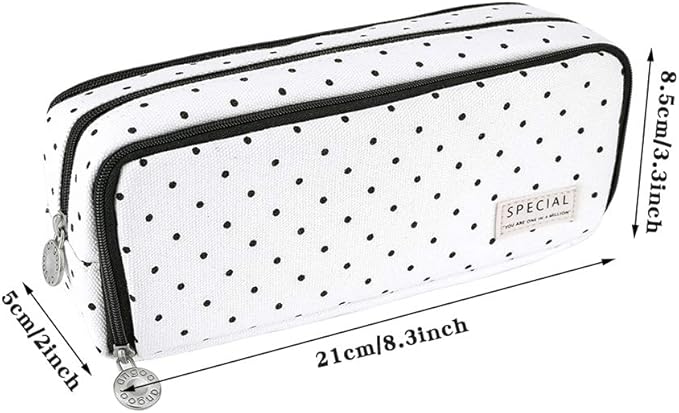 iSuperb Large Pencil Case Big Capacity Pencil Pouch 3 Compartments Pen Bag Canvas Marker Pen Bag for Teen Boys Girls School Students (Black Polka Dot)