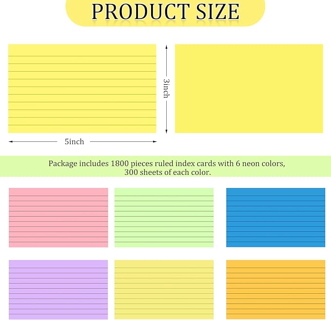 Tecmisse 1800 PCS Ruled Index Cards, 3x5 Inches Colorful Index Cards, Heavy Colored Note Cards, Study Cards for School, Learning, Memo Scratch Pad, 6 Colors Notecards (1800)