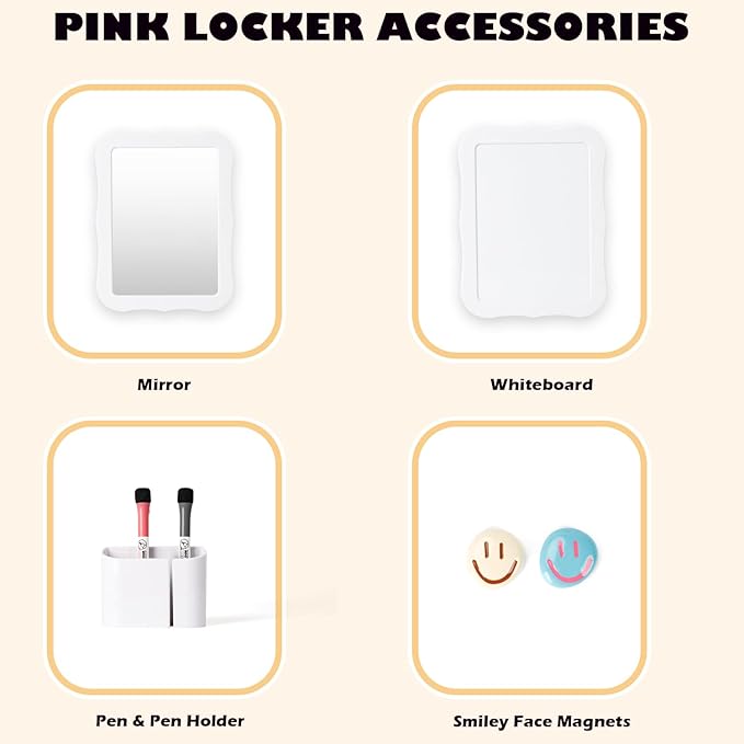 Locker Accessories for Girls Boys with Locker Mirror, Magnetic Whiteboard, Cute Smiley Face Magnets, Back-to-School Locker Decorations, Ideal for Office School Locker (White Locker Decor Set)
