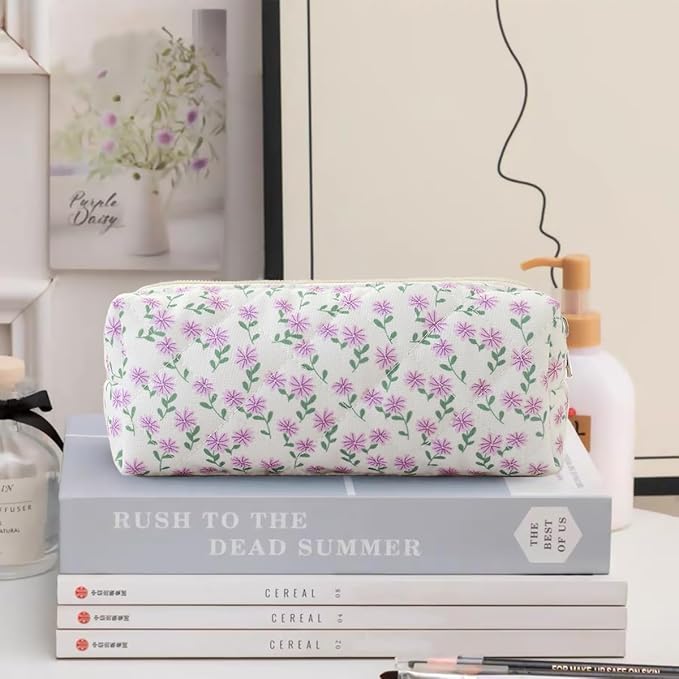 Pencil Pouch Cute Pencil Case Office Storage Bag Holder Box Organizer Aesthetic Bow Flower Pattern Makeup Pouch Cosmetic Bag for Women Girls