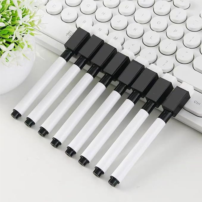 Fine tip Dry Erase Black Markers with Magnetic Cap and Eraser, Perfect for Dry Erase Boards and Whiteboards Pack of 8