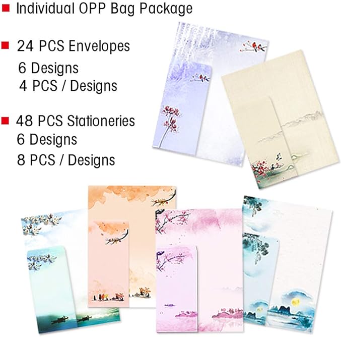 Stationary Set Japanese Stationery Letter Writing Paper, 48 Pack Stationary paper and envelopes set Ink Painting Design - 48 Stationary papers + 24 Envelopes
