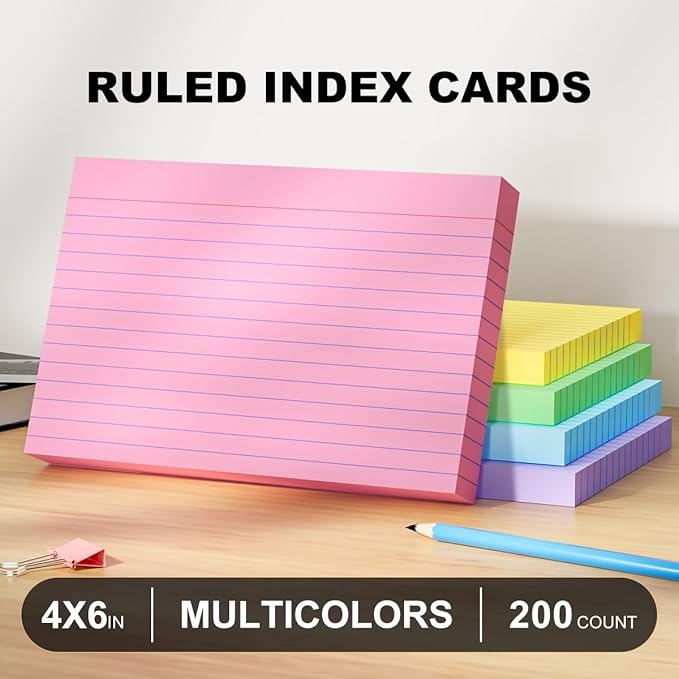 4x6 Index Cards, 200 Count Note Cards 4x6 Ruled Flashcards for Studying, Colored Notecards 4 x 6 Index Card Single-Side Lined Flash Cards for Studying School Office Home, 5 Colors, 5 Pack of 40 Sheets