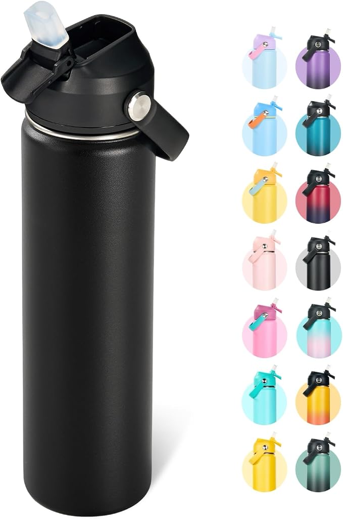 Fijinhom 24oz Insulated Stainless Steel Water Bottle, Wide Mouth Double Wall Vacuum, Silicone Straw, Sweat & Leak Proof, BPA Free Insulated Water Flask for Travel, Keep Cold 24h Hot 12h, Black