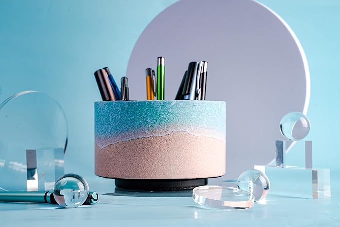 Round Leather Art Supply Organizer,Remote Control Holder,360 Degree Rotating,Multi-Functional Pencil Holder,4 Compartments Desktop Stationary Organizer(1-Sandbeach)