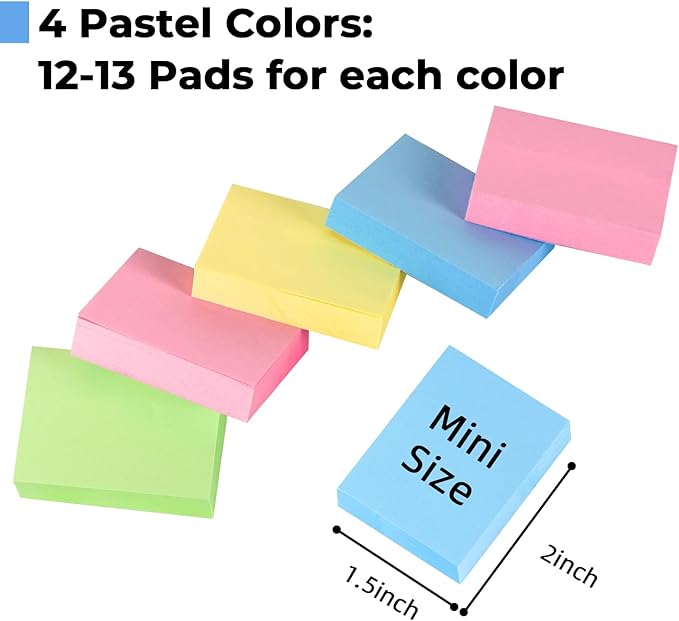 Umikk 50 Pack Mini Sticky Notes 1.5x2 in, 5000 Sheets Small Self-Stick Note, 4 Colors Sticky Pad Bulk, Easy to Post for Office, School, Home