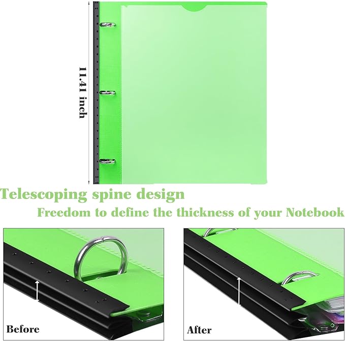 INFUN All-in-one Telescoping Binder Notebook - 2PCS，Refillable 3 Ring Notebook Binder with 1 Plastic Movable Pocket Folder,5 Plastic Subject dividers and Graph Paper and College Ruled Paper - Green