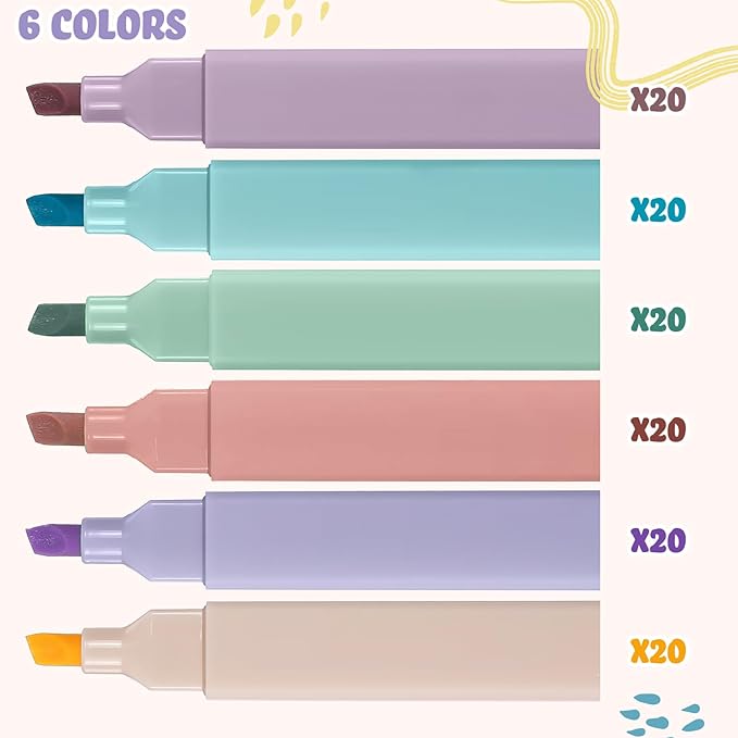 Marspark 120 Pcs Highlighters Bulk Chisel Tip Aesthetic 6 Assorted Colors No Bleed Cute Soft Bohemian Color Marker Pens for Journal Planner Notes School Study Office Supplies (Boho Color)