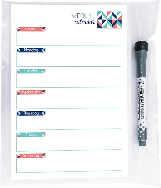 Dry Erase Weekly Calendar Planner Sticker Decal | Removable & Reusable | Magnetic Fine-Tip Marker Included (6 x 9 inches, Geometric)