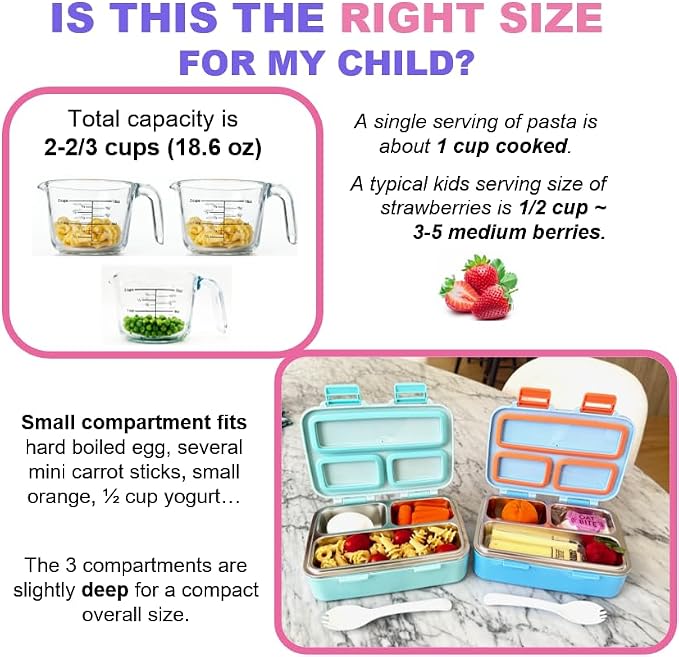 kinsho Small Stainless Steel Lunch Box for Baby Toddlers, Purple Unicorn | Mini Bento, 3 Eco Metal Portion Sections, Leakproof Lid, Spill-Proof, 18 oz Kids Girls Snack Container Pre School Daycare
