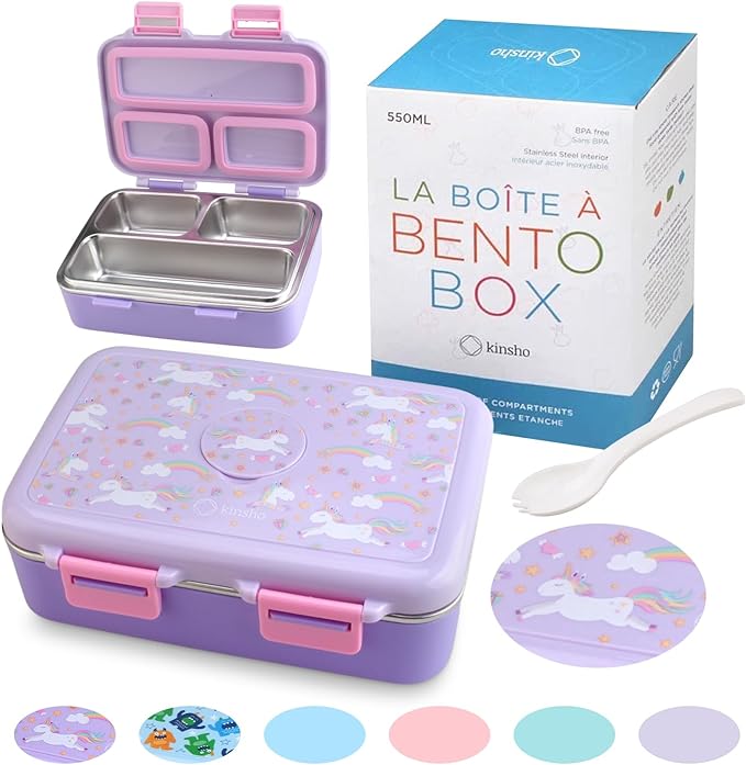 kinsho Small Stainless Steel Lunch Box for Baby Toddlers, Purple Unicorn | Mini Bento, 3 Eco Metal Portion Sections, Leakproof Lid, Spill-Proof, 18 oz Kids Girls Snack Container Pre School Daycare