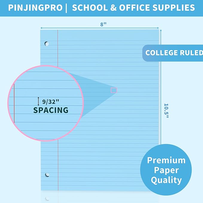 Blue Loose Leaf Paper 120 Sheets Colored Filler Pape 8" x 10.5" College Ruled Paper 3-Hole Punched Paper for 3-Ring Binders Notebook Lined 8 * 10.5 Binder Paper Blue Paper for School Office Supplies