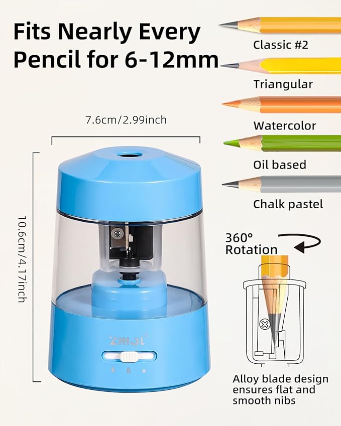 ZMOL Electric Pencil Sharpener Battery Operated Power Kids for Colored & Jumbo Pencils No.2/(6-12mm) - Safe & Easy Use Plug in Portable with (AC Adapter,USB, Battery) for Classroom/Office/Home Blue