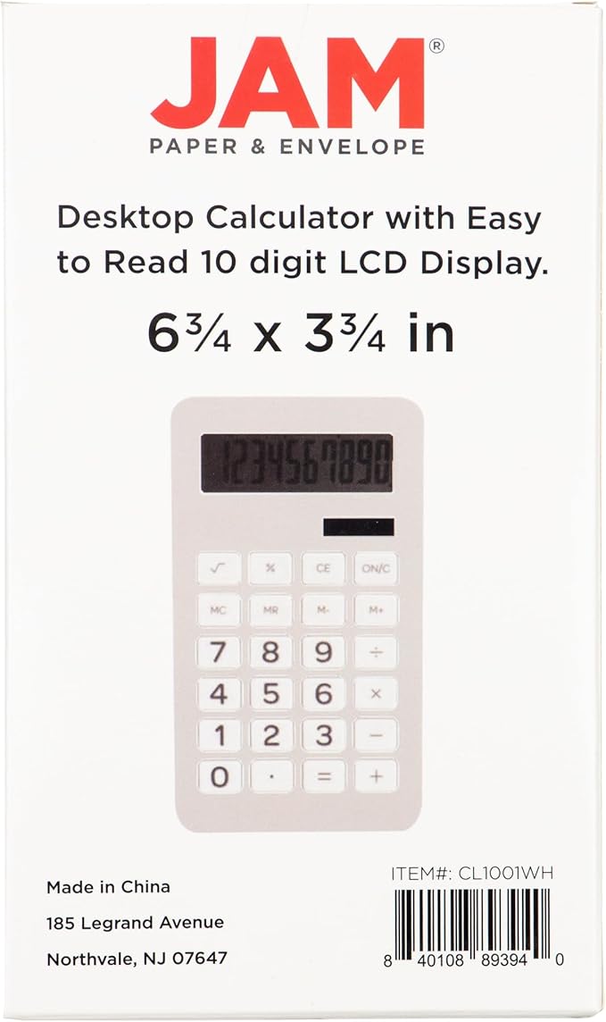 JAM PAPER Desktop Calculator - 10 Digit LCD Display - 3 3/4 x 6 3/4 Inches - White - Bulk 10/Pack