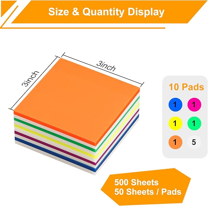 10 Pads Pop Up Transparent Sticky Notes, 500 Sheets 3x3 inch Clear See Through Translucent Sticky Notes 6 Bright Colorful Pop-Up Pads Match Post Dispenser Office School Home Supplies