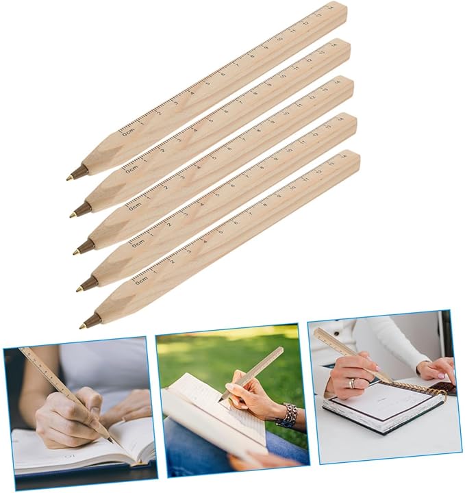 Didiseaon 20pcs Wooden Ballpoint Pens Black Carpenter Marker Ballpoint Ink Pen with Printed Scale Ruler Natural Biodegradable Woodwork Supply for Engineering Drawing and Office Use