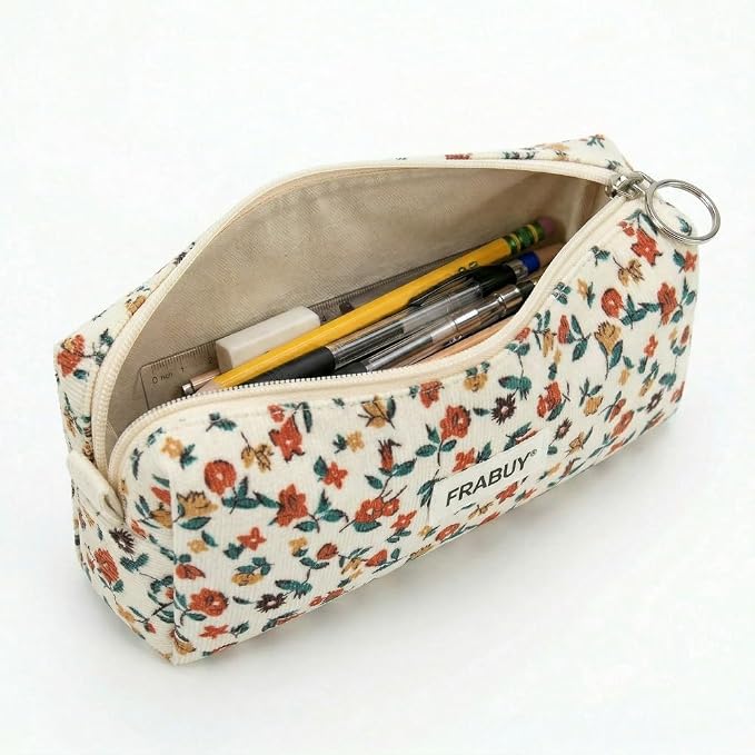 Soft Corduroy Pencil Case Pen Pouch Organizer, Small Stationery Bag | Off-white small floralpencil pouch, smooth zipper, daily cosmetics holder, compact organizer for school teen girls, women
