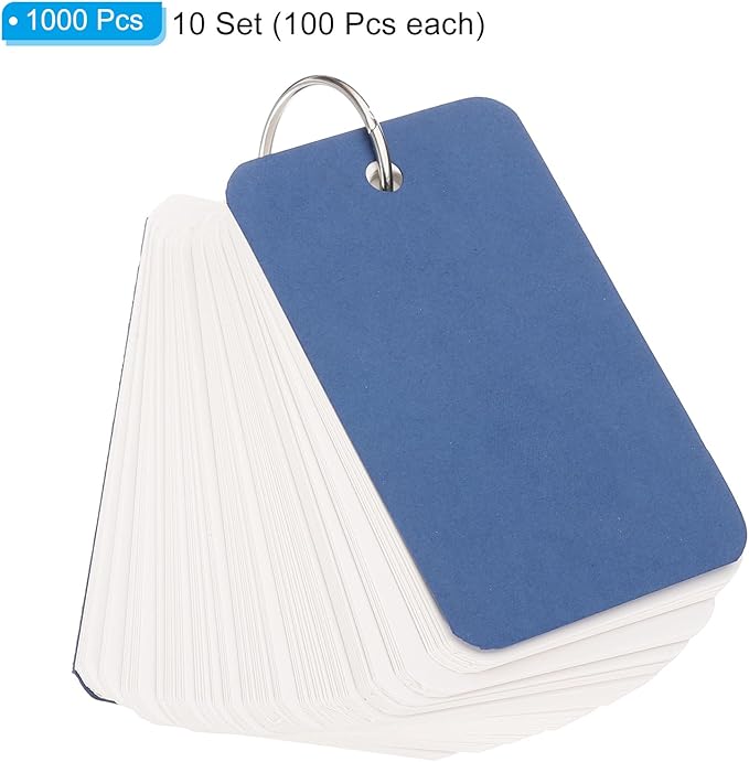 PATIKIL Blank Index Cards with Ring, 1000Pcs Blank Flash Card 3.5x2" Study Note Cardstock for Memory Learning Studying Office Supplies, Dark Blue White