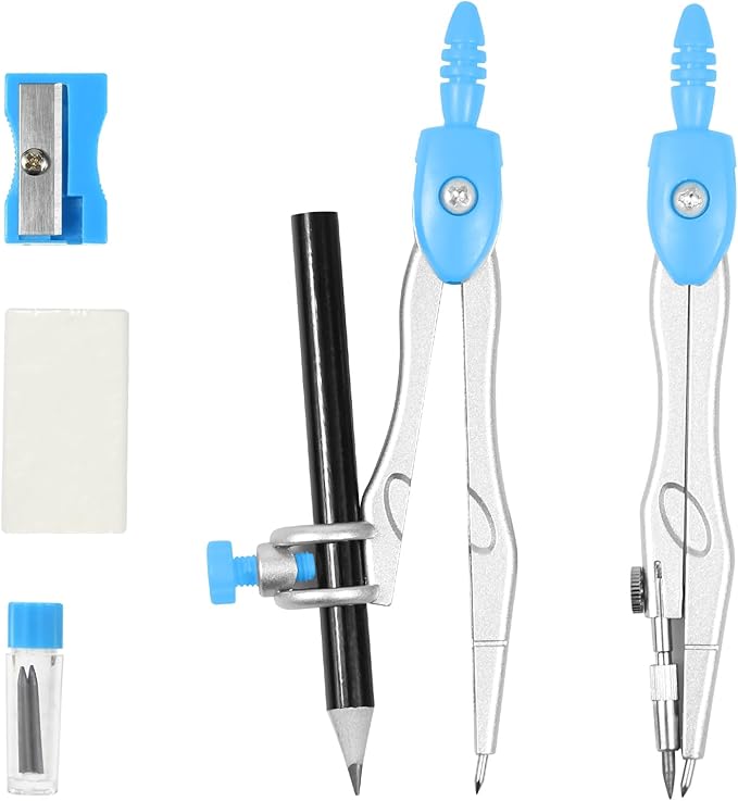 Vobou 10 Pieces Math Geometry Kit Set Student Supplies with Shatterproof Storage Box,Includes Rulers,Protractor,Compass,Eraser,Pencil Sharpener,Lead Refills,Pencil,for School and Drawings（Blue）