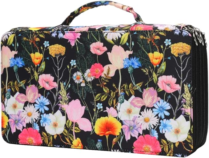 Vomgomfom 300 Slots Marker Bag, 4-Layer Zipper Portable Art Supply Organizer, PU Leather Large Capacity Marker Case Holds 100 Markers or 300 Colored Pencils with Handle (Black Flower)