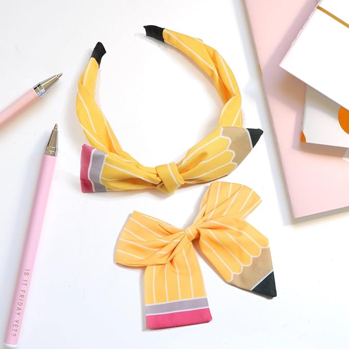 Back to School Outfits for Girls,Pencil Hair Bow Clips Hair Accessories for Teen Girls,First Day of School Gifts for Students,Pencil Yellow Headband (2Pcs)
