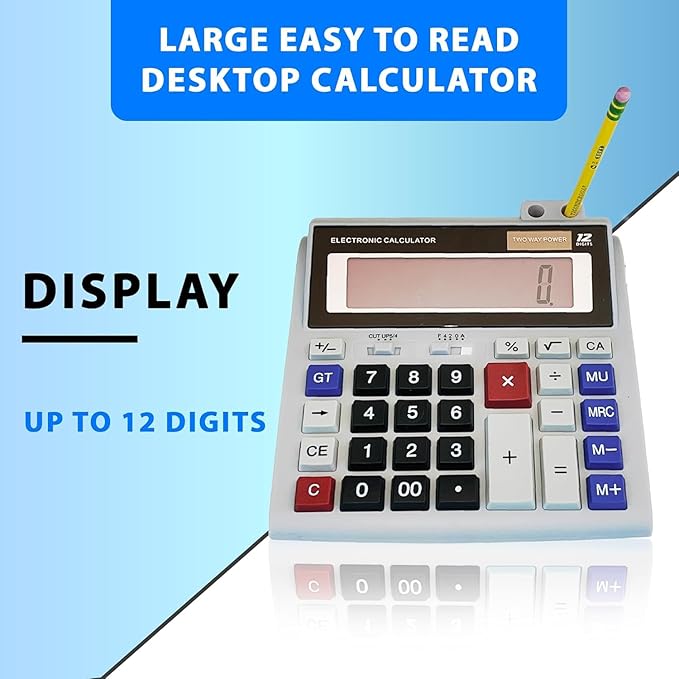 Lily's Home 12-Digit Large Desktop Calculator with Pen Holder, Dual Power (Solar & Battery) - Big Button 5 Inch LCD Display for Office, School, Home, Accounting, Taxes, and Back to School Supplies