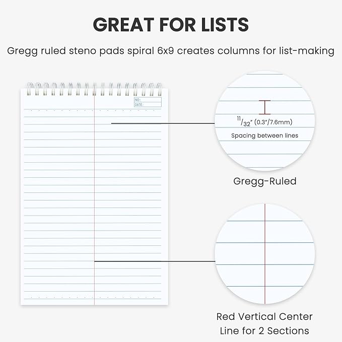 Steno Notebooks Top Spiral 6x9 | Steno Pads -5 Assorted Color | Steno Notepad Gregg Ruled | Spiral Notepads for Work, School, College, Office Note Taking | Professional Notebooks for Work.