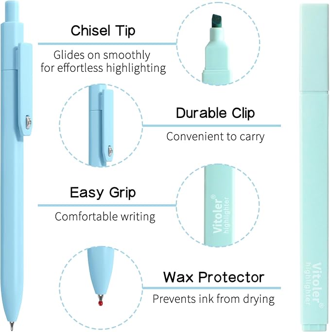 Vitoler Highlighters and Gel Pens set 12 Packs，No Bleed Fast Drying Pens | for Teacher Nurse Study, Journaling and Office Supplies