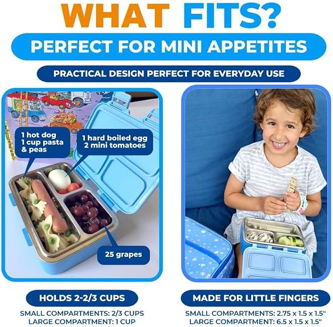 kinsho Small Stainless Steel Bento Box Lunch Container, Baby Toddlers, Blue | Mini Lunchbox, 3 Eco Metal Portion Sections, Leakproof Lid, Spill-Proof, 18 oz/ Boys Kids Snack Container Pre-School Daycare