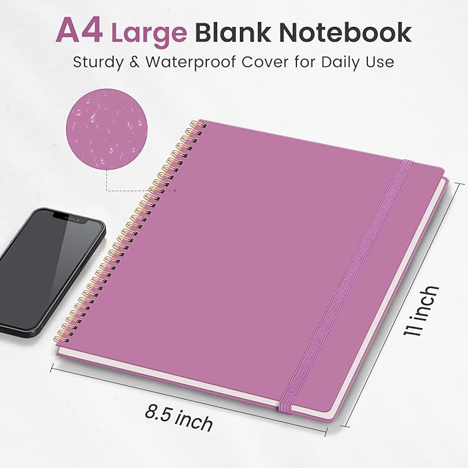 Taja Spiral Blank Notebook, 8.5"x11" Notebooks for Work, Large A4 Journal for Women & Men, Sketch Journal, Journaling Notebook for Writing, Plastic Cover Spiral Journal, Purple