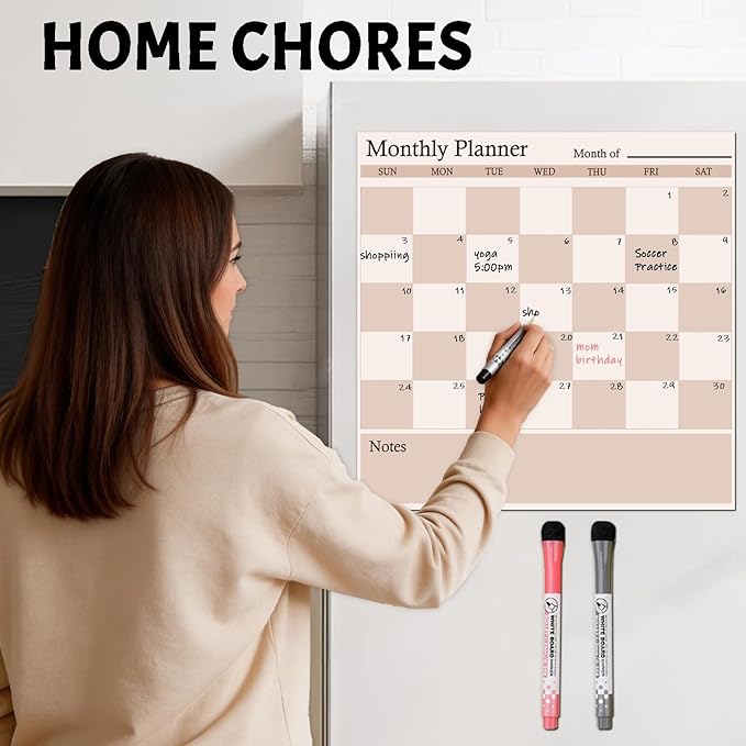 Magnetic Calendar for Refrigerator, 2 Pack Dry Erase Fridge Calendar Whiteboard – Monthly & Weekly Planner Board with Markers and Eraser for Modern Kitchen (Checkerboard Pattern)