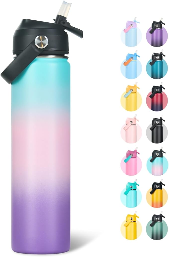 Fijinhom 24oz Insulated Stainless Steel Water Bottle, Wide Mouth Double Wall Vacuum, Silicone Straw, Sweat & Leak Proof, BPA Free Insulated Water Flask for Travel, Keep Cold 24h Hot 12h, Pink