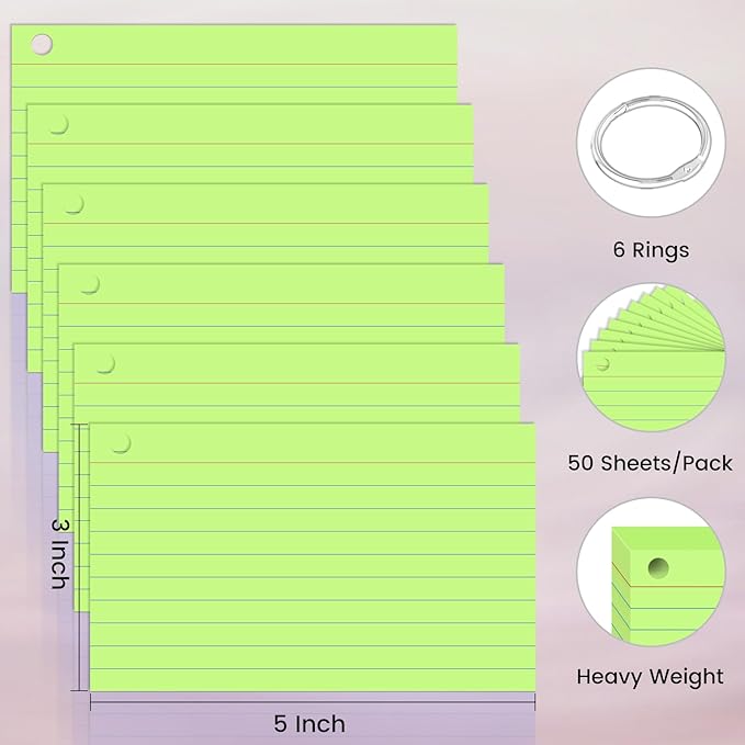 300 Count Index Cards 3 x 5 Inch Green Flash Cards with Ring, Heavy Flashcards College Ruled Home Organization, Durable Study To Do List Note Cards with Ruled Lines for Office & School Supplies