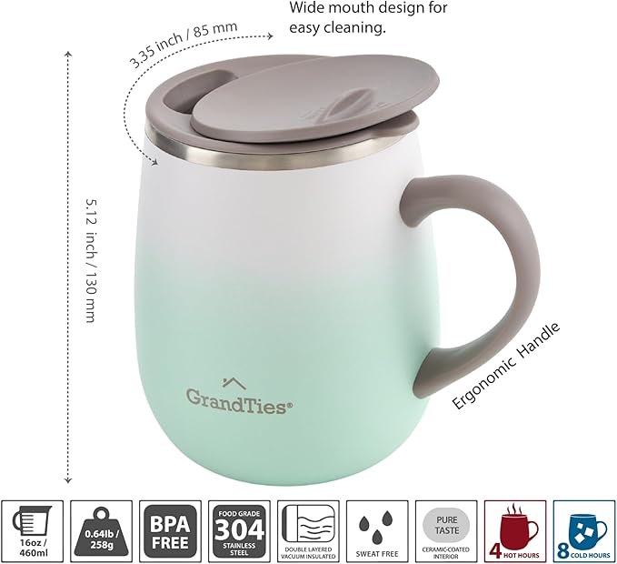 GRANDTIES 16oz Ceramic-Lined Insulated Coffee Mug with Sliding Lid, Wine-Glass Shape Thermal Tumbler with Double Walled Vacuum to Keeps Beverages Hot or Cold (Mist Sage)