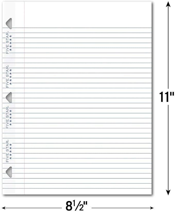 Five Star Reinforced Filler Paper, College Rule, 11 x 8 1/2, White, 100 Sheets (Pack of 6)