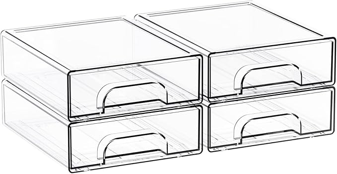 Yieach 2.2'' High Small Clear Stackable Storage Drawers,4 Pack Desk Organization and Storage Bins,Plastic Office Supply Organizer,Acrylic Drawer Storage Organizer for Makeup,Accessory,Pen,Art Crafts