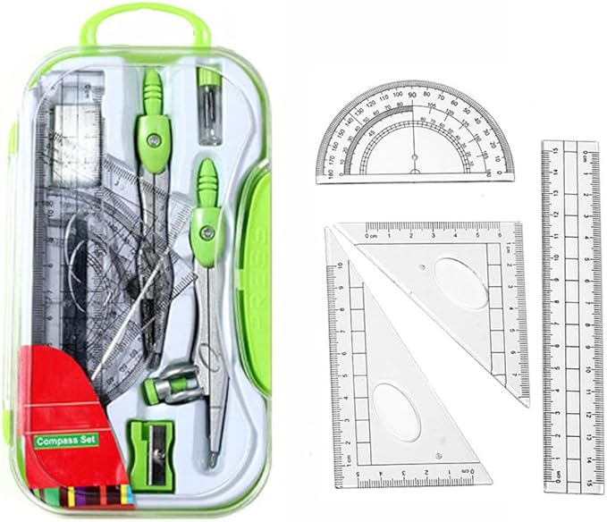 10Pcs Geometry Set, Math Geometry Kit with Metal Compass, Protractor, Ruler, Eraser & Pencil Sharpener, Drawing Tools for Engineering, Drafting (Green)