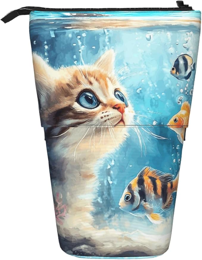 Cat and Fish Kids Standing Pencil Case Girls Boys Telescopic Stationary Pouch with Zipper Large Capacity Stand up Pen Bag Portable Makeup Holder for Children School Students Office Supplies