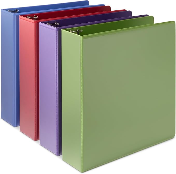 Amazon Basics 3 Ring Binder, 2 inch Round Rings, Holds 375 Sheets, Two Interior Pockets, Assorted Colors, 4-Pack