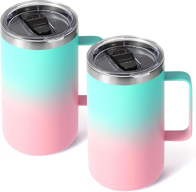 Volhoply 22oz Insulated Stainless Steel Coffee Mugs with Leakproof Lid Bulk 2 Pack,Double Wall Vacuum Travel Coffee Cup with Handle,Reusable Metal Tumbler,Camping Mug Keep Hot&Cold(Green Pink,2)