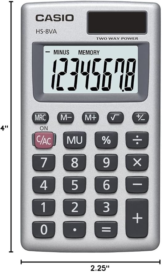 Casio HS-8VA Mini 6-Function Calculator | Large 8-Digit LCD Display | Solar Powered with Battery Backup | Standard Function | Portable Pocket Size