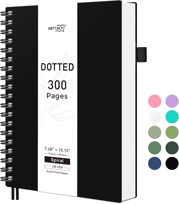 RETTACY Dotted Journal Notebook, 300 Pages, B5 Medium Size (7.4'' × 10''), 100 GSM Thick Paper, Flexible Plastic Cover, Spiral-bound, for Journaling, Planning, Tracking (Black)