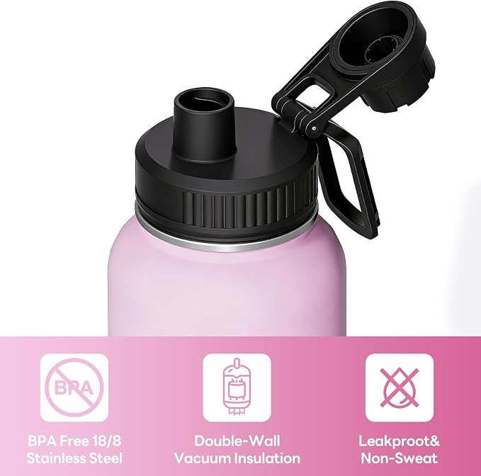 Navigate 32 oz Insulated Stainless Steel Sports Water Bottle with Spout & Handle Lids,Wide Mouth Water Jug with Double Walled Leak Proof Keep Cold for 24 Hrs Hot for 12 Hrs,Pink Gradient